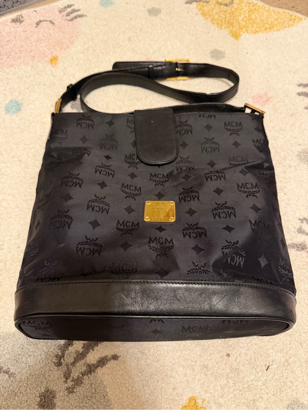 MCM Black Vintage Monogram Nylon Crossbody with Gold Plaque